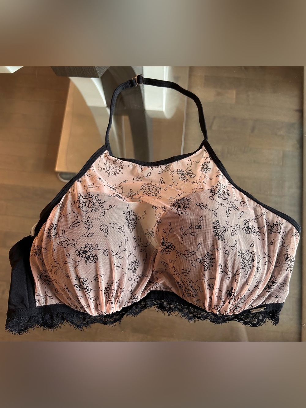 Women’s Floral Halter Bra – 38C | Black, Beige & Pink Dark Romantic